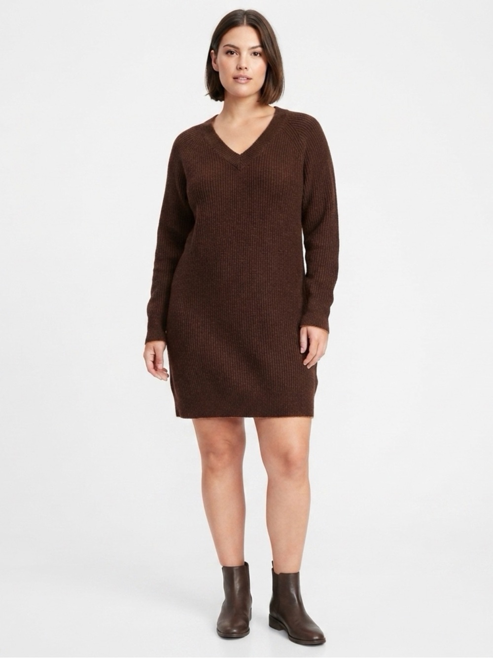 Old Navy Womens XS Tall Brown V Neck Ribbed Sweater Mini Dress